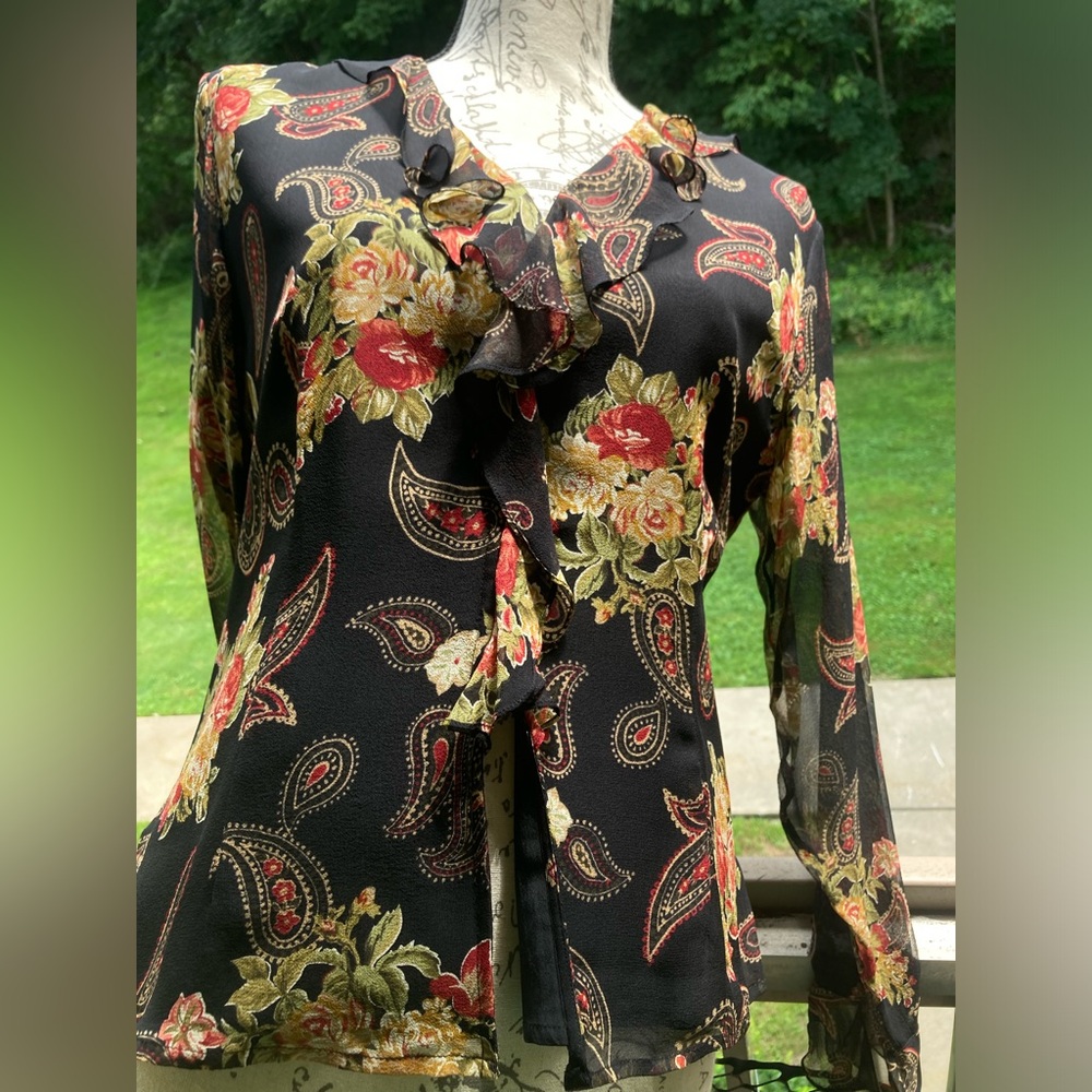 100% Silk Black Ruffle Blouse Paisley Floral Whimsigoth Bohemian